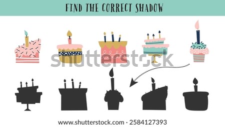 Find the correct shadow cake happy birthday game puzzle for children page sheet printable. 