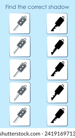 Find the correct shadow of car keys. Worksheet for activity book. Cartoon vector illustration for children's entertainment.