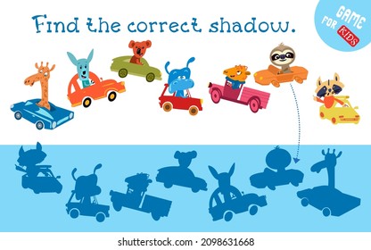 Find the correct shadow. Cars and dogs. Game for kids. Activities, vector illustration.