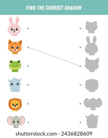 Find correct shadow of cartoon animals faces. Educational logical game for kids. Funny animal. Vector illustration