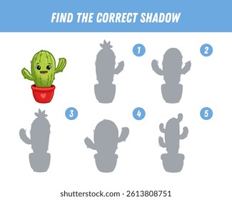 Find correct shadow of cartoon cactus in a pot. Educational logical game for kids. Cartoon cactus character. Vector illustration 