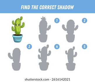 Find correct shadow of cartoon cactus in a pot. Educational logical game for kids. Cartoon cactus character. Vector illustration
