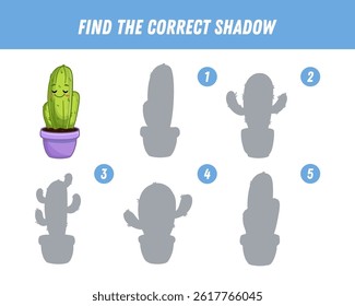 Find correct shadow of cartoon cactus in a pot. Educational logical game for kids. Cartoon cactus character. Vector illustration
