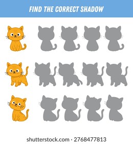 Find correct shadow of cartoon cat. Educational logical game for kids. Funny brown kitten. Vector illustration