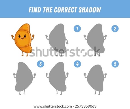 Find correct shadow of cartoon croissant. Educational logical game for kids. Funny food character. Vector