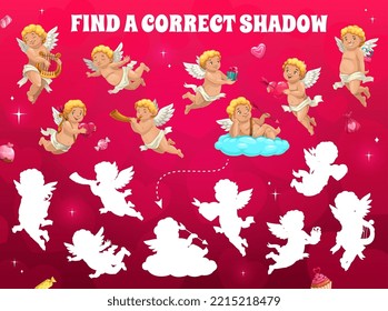 Find correct shadow of cartoon cupid angels, vector puzzle game worksheet. Find similar shadow silhouette or search riddle with funny cartoon Valentine cupids with bow arrows and love hearts on clouds