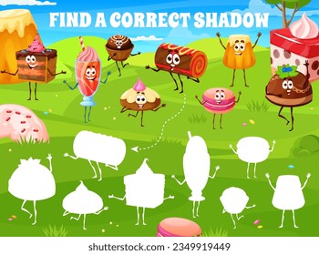 Find a correct shadow of cartoon desserts, sweets and cake characters on meadow. Kids vector matching game with pie, cocktail, muffin and roll. Macaroon, baba chocolate or praline candy personages