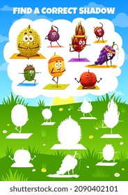 Find correct shadow of cartoon fruit characters on yoga, kids game vector worksheet. Find and match silhouettes of tropical melon, fig and grape, melon and durian on pilates sport or yoga meditation