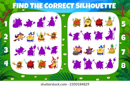 Find the correct shadow of cartoon fruit wizards and mages characters. Shadow match puzzle or kids game vector worksheet with mango, guava, pear, kiwi and pomegranate, banana, sorcerer cute personages