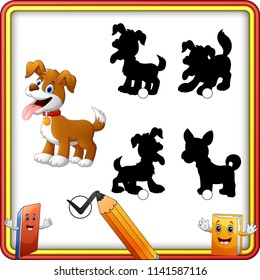 Find the correct shadow. Cartoon funny dog with open mouth. Education Game for Children