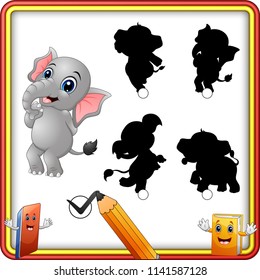 Find the correct shadow. Cartoon funny baby elephant standing. Education Game for Children