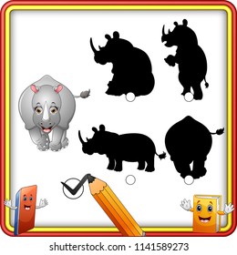 Find the correct shadow. Cartoon funny rhino. Education Game for Children