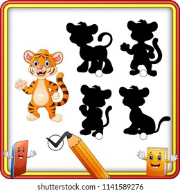 Find the correct shadow. Cartoon funny tiger waving hand. Education Game for Children