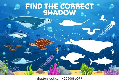 Find correct shadow of cartoon funny sea animals for kids game, vector quiz worksheet. Find and match same shadow of undersea fishes, tuna and turtle with jellyfish and stingray or seahorse and eel