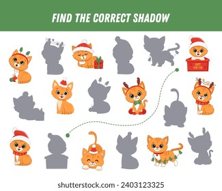 Find correct shadow of cartoon ginger cat. Educational logical game for kids. Funny kitten. Christmas game. Vector illustration