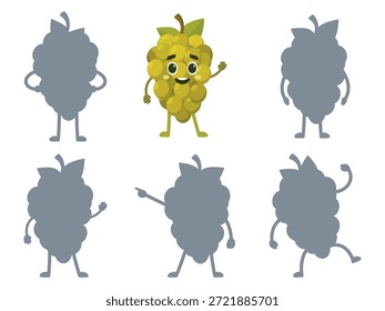 Encuentra la sombra correcta. Personaje divertido de la uva de dibujos animados y diferentes sombras. El desarrollo educativo de los niños juega a la Plantilla. Fruta sapid elemento de Vector