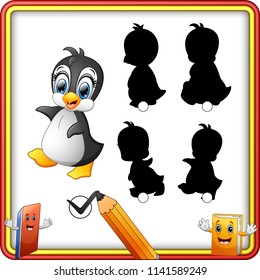 Find the correct shadow. Cartoon happy baby penguin. Education Game for Children
