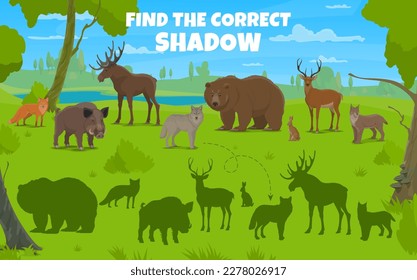 Find correct shadow of cartoon hunting forest animals and birds. Vector game, riddle worksheet with wolf, boar, bear and deer, fox, hare, elk or lynx wildlife beasts on green lawn in summer wood