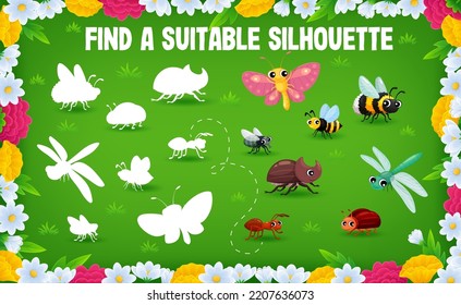 Finden Sie auf der Sommerwiese einen richtigen Schatten von Cartoon-Insektenfiguren. Vektor-Arbeitsblatt für Kindererziehung, passendes Spiel, Puzzle oder Gedächtnistest mit Silhouetten aus Schmetterling, Biene, Ameise und Fliege