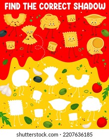 Find the correct shadow of cartoon italian pasta characters vector quiz game. Kids puzzle worksheet of matching riddle with funny macaroni personages, cute farfalle, fettuccine, conchiglie and ravioli