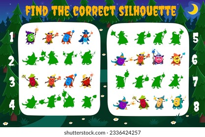 Find the correct shadow of cartoon mineral and micronutrient wizard characters. Kids vector game worksheet with Zn, K, Mg or Cu, Cl, Ca, P and Na, Mn, I, Fe. Food supplement warlocks with magic wands