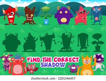 Find the correct shadow of cartoon monster characters. Similarity search game or kids playing activity vector worksheet with beasts, angry devil and sloth, predator plant, mushroom monster personages