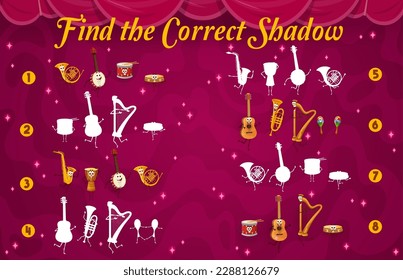 Find the correct shadow of cartoon musical instrument characters. Kids vector matching game worksheet with funny guitar, saxophone and jembe drum, banjo, harp and french horn, tambourine or maracas