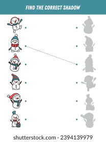 Find correct shadow of cartoon snowman. Educational logical game for kids. Christmas game. Vector illustration