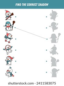 Find correct shadow of cartoon snowman. Educational logical game for kids. Christmas game. Vector illustration