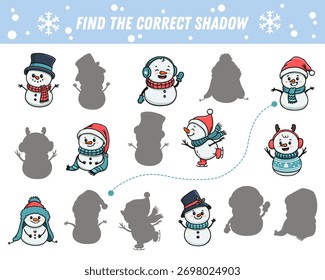 Encontre a sombra correta de boneco de neve de desenho animado. Jogo lógico educacional para crianças. Jogo de Natal. Ilustração vetorial
