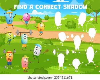 Find correct shadow of cartoon sportsman characters. Vector educational children game worksheet with Cl, Fe, Se, K, I, Ca, Mg and Zn micronutrient capsules personages exercise in park on sunny day