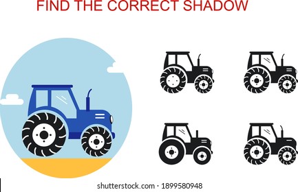 Find the correct shadow. Cartoon style blue tractor. Educational game for children.