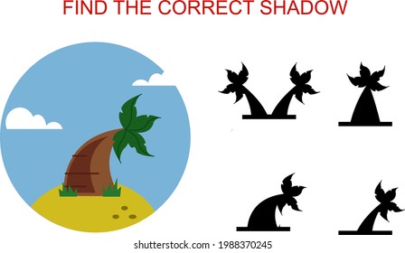 Encuentra la sombra correcta. La palmera estilo caricatura en una isla desierta. Juego educativo para niños.