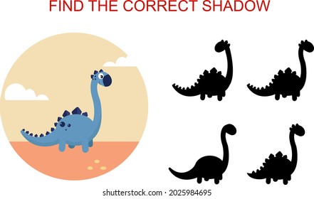 Find the correct shadow. Cartoon style blue dinosaur. Educational game for children.