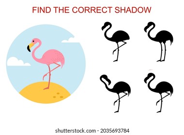 Find the correct shadow. Cartoon style pink flamingo bird. Educational game for children.