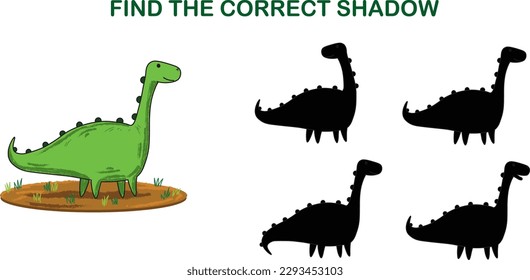 Find the correct shadow. Cartoon style cute little dinosaurs. Educational game for children.
