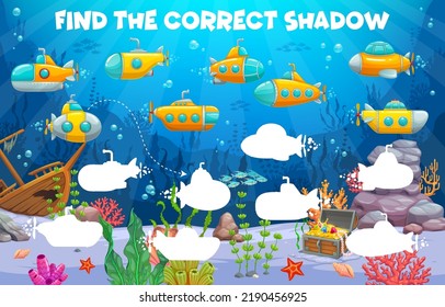 Encuentra la sombra correcta de los submarinos de dibujos animados y los paisajes de baño. Hoja de trabajo del vector de juego para niños. Concurso de rompecabezas educativo con silueta de paisajes submarinos y sharía submarino con periscopio