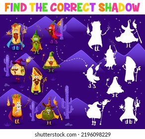 Find the correct shadow of cartoon tex mex mexican food wizard characters. Matching game vector worksheet with tacos, chimichanga, enchiladas and burrito, chili and jalapeno, nachos and avocado svg