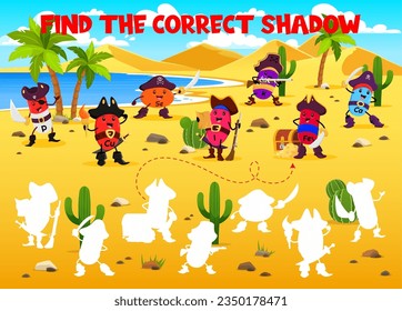 Find the correct shadow of cartoon vitamins and micronutrients pirate characters. Kids vector game worksheet with P, Cu, Se and I. Ca, Fe or K healthy supplement capsules. Children logic activity