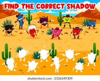 Find the correct shadow of cartoon western berry cowboy, sheriff, ranger and bandit characters. Kids vector game worksheet with honeyberry, grapes and strawberry. Raspberry, blackberry and blueberry