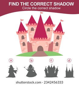 Find the correct shadow of the castle. Matching shadow game for children with fairytale kingdom theme. Worksheet for kid. Educational printable worksheet in vector file.