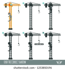 Find the correct shadow. Cat crawls into the cabin of the crane.  Learning children game.