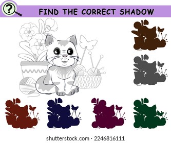 Find the correct shadow of cat with flowers and balls of yarn. Coloring book page with logical game for children. Vector illustration.