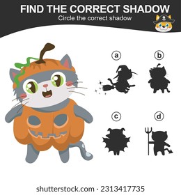 Find the correct shadow of a cat and kitten in Halloween costume. Match the image with the shadow Halloween edition. Worksheet for kid. Educational printable worksheet. Vector illustration file.