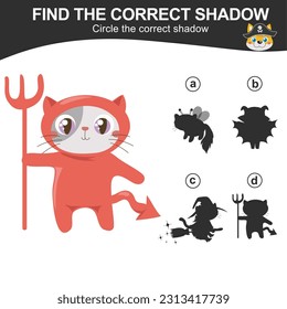 Find the correct shadow of a cat and kitten in Halloween costume. Match the image with the shadow Halloween edition. Worksheet for kid. Educational printable worksheet. Vector illustration file.