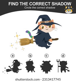 Find the correct shadow of a cat and kitten in Halloween costume. Match the image with the shadow Halloween edition. Worksheet for kid. Educational printable worksheet. Vector illustration file.