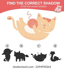 Find the correct shadow of the cat. Matching animal shadow game for children. Worksheet for kid. Educational printable worksheet. Vector illustration file.