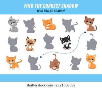 Find correct shadow of cats. Educational logical game for kids. Cartoon animals. Vector illustration