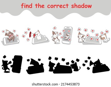 find the correct shadow of cats is enjoying social medie via smart phone