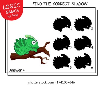 Finden Sie den richtigen Schatten Chameleon. Karikatureneidechse. Lernabgleichspiel mit Zeichentrickcharakter. Logic Games for Kids mit Antwort. Lernkarte mit Aufgabe für Kindervorschulen und Kindergarten